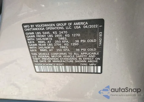 2022 Volkswagen Atlas Cross Sport 2.0T Se z USA, uszkodzony, nr VIN 1V2DC2CA3NC218267